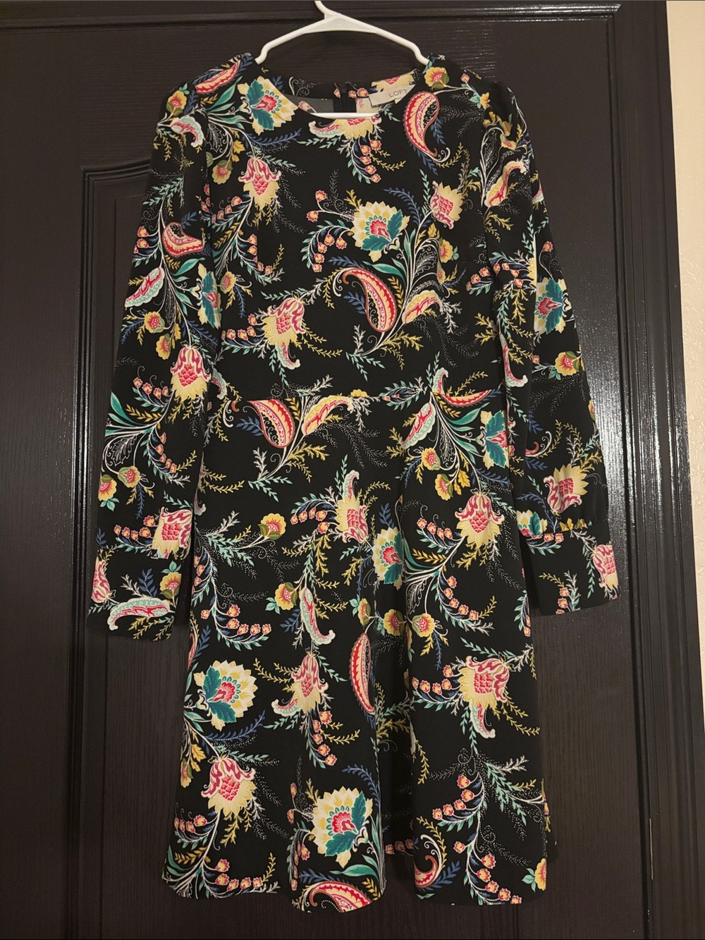LOFT Black Floral Paisley Long-Sleeve Fit & Flare Dress